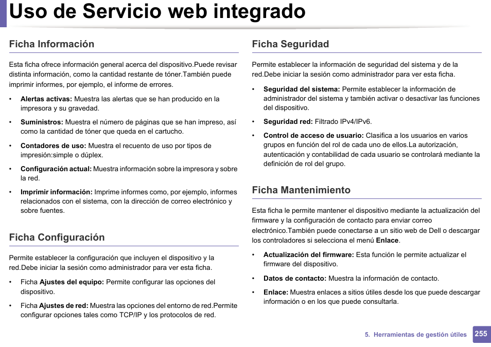 Uso de servicio web integrado, Ficha información, Ficha configuración | Ficha seguridad, Ficha mantenimiento | Dell B1165nfw Multifunction Mono Laser Printer User Manual | Page 255 / 311