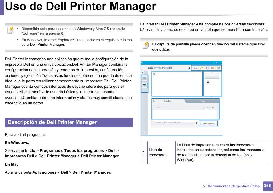 Uso de dell printer manager, Consulte “uso de dell printer manager, Descripción de dell printer manager | Dell B1165nfw Multifunction Mono Laser Printer User Manual | Page 256 / 311
