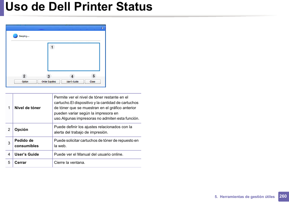 Uso de dell printer status | Dell B1165nfw Multifunction Mono Laser Printer User Manual | Page 260 / 311