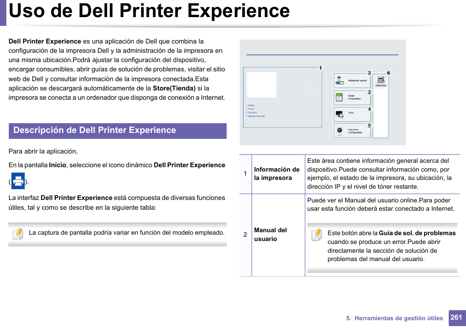 Uso de dell printer experience, Descripción de dell printer experience | Dell B1165nfw Multifunction Mono Laser Printer User Manual | Page 261 / 311