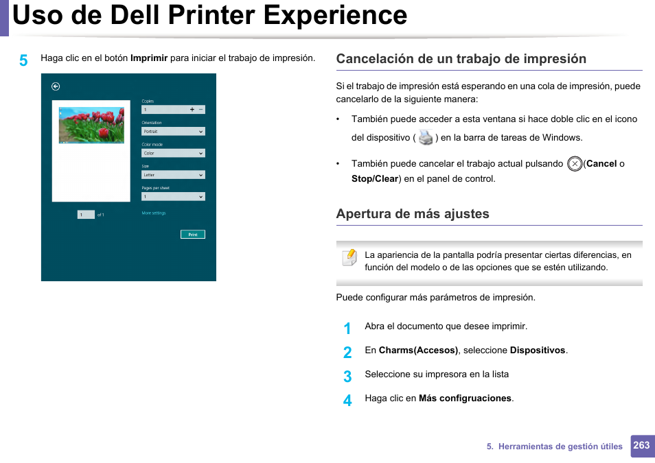 Uso de dell printer experience, Cancelación de un trabajo de impresión, Apertura de más ajustes | Dell B1165nfw Multifunction Mono Laser Printer User Manual | Page 263 / 311