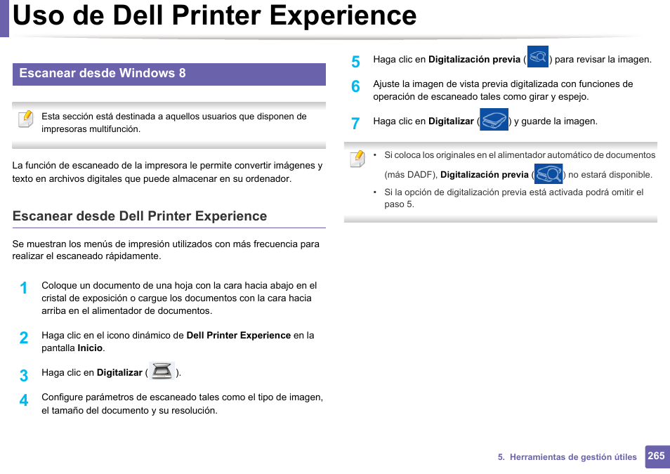 Uso de dell printer experience, Escanear desde dell printer experience, Escanear desde windows 8 | Dell B1165nfw Multifunction Mono Laser Printer User Manual | Page 265 / 311