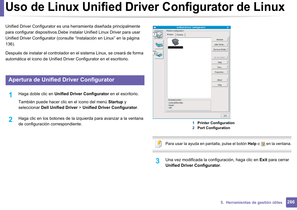 Uso de linux unified driver configurator de linux, Apertura de unified driver configurator | Dell B1165nfw Multifunction Mono Laser Printer User Manual | Page 266 / 311
