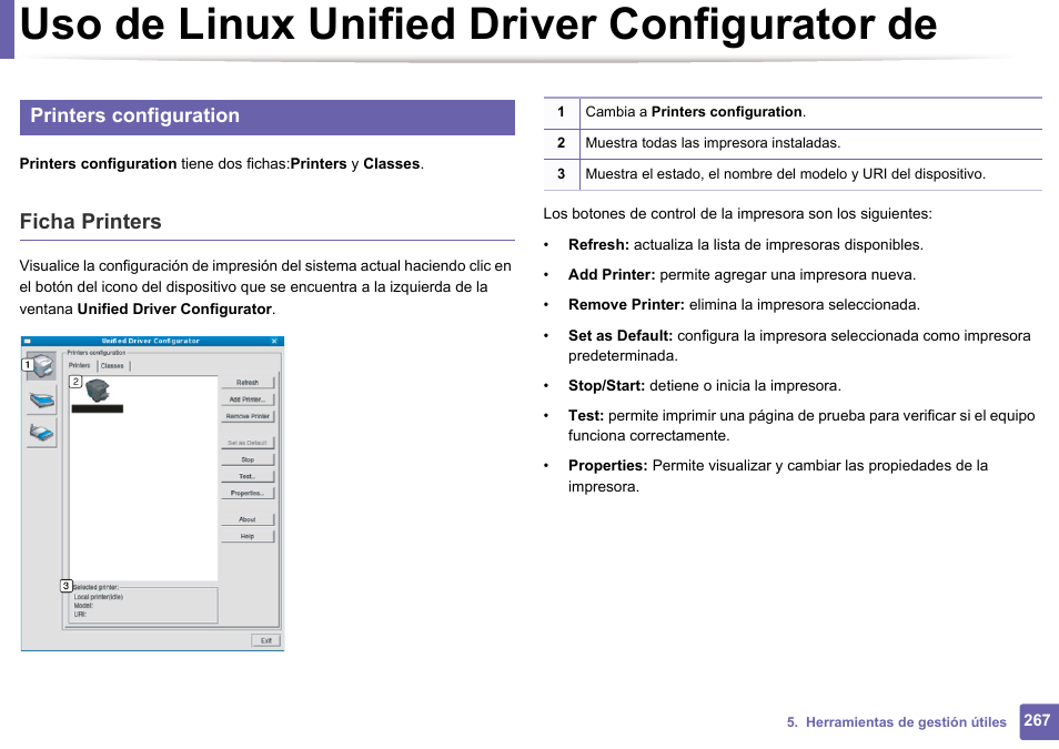 Uso de linux unified driver configurator de, Ficha printers, Printers configuration | Dell B1165nfw Multifunction Mono Laser Printer User Manual | Page 267 / 311