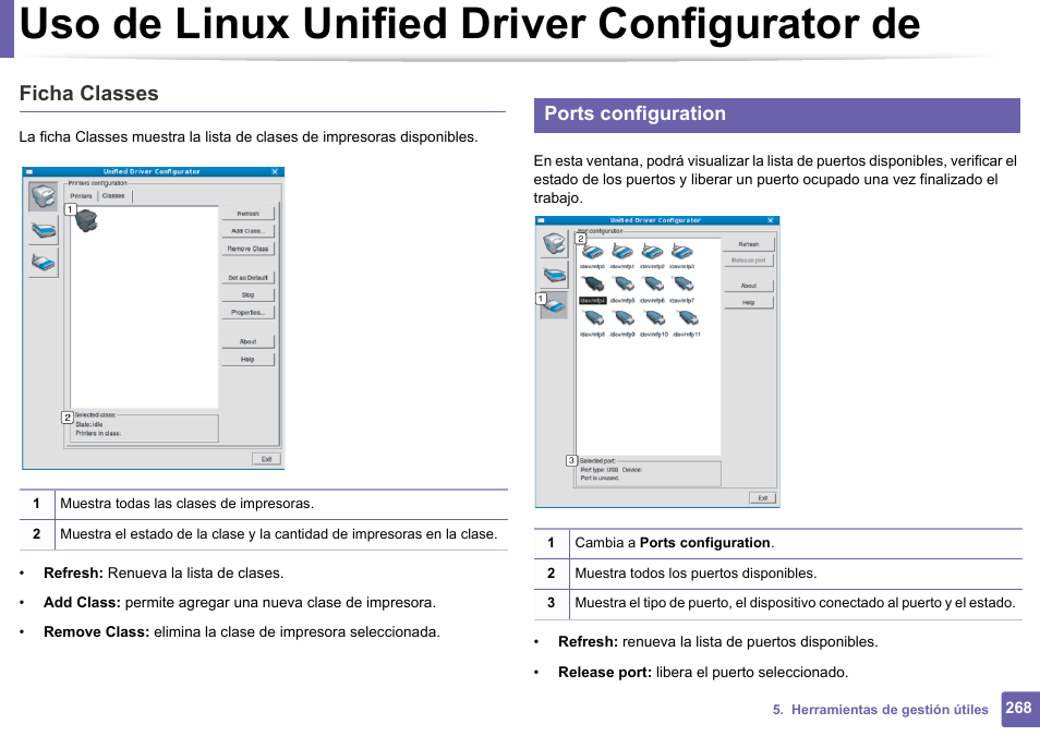 Uso de linux unified driver configurator de, Ficha classes, Ports configuration | Dell B1165nfw Multifunction Mono Laser Printer User Manual | Page 268 / 311