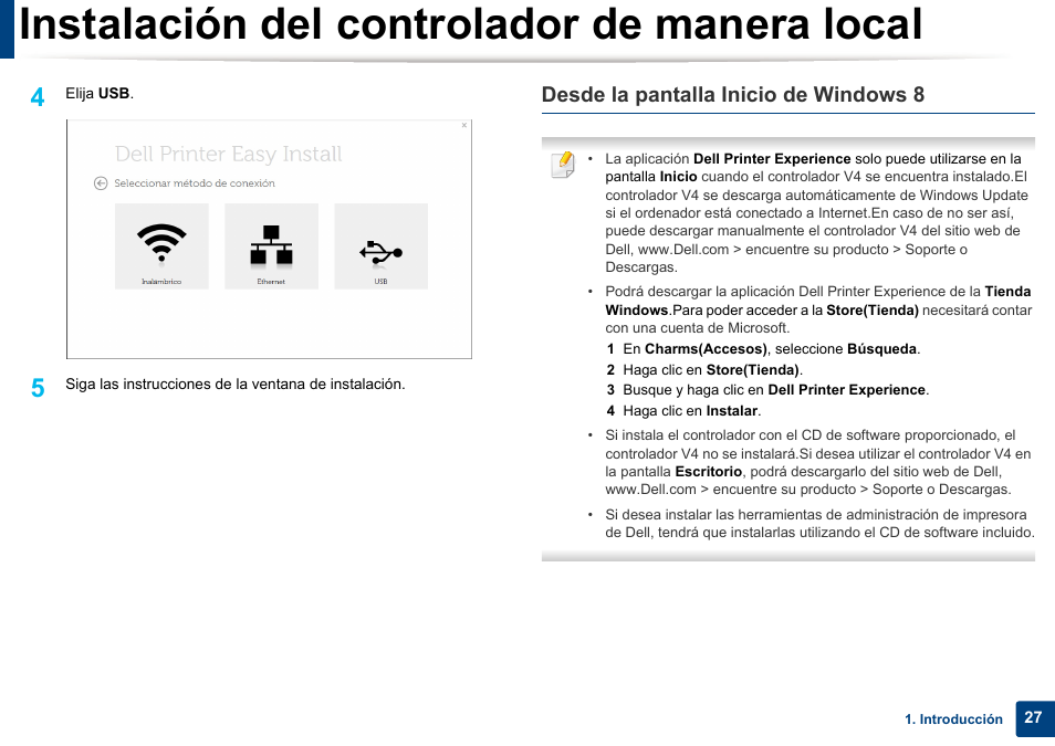 Instalación del controlador de manera local, Desde la pantalla inicio de windows 8 | Dell B1165nfw Multifunction Mono Laser Printer User Manual | Page 27 / 311