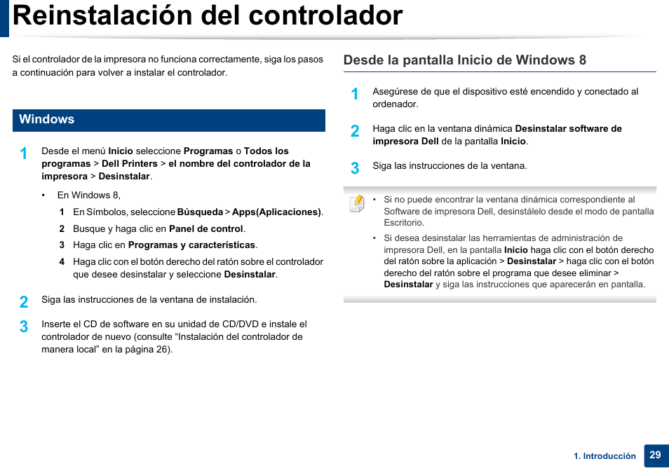 Reinstalación del controlador, Desde la pantalla inicio de windows 8 | Dell B1165nfw Multifunction Mono Laser Printer User Manual | Page 29 / 311