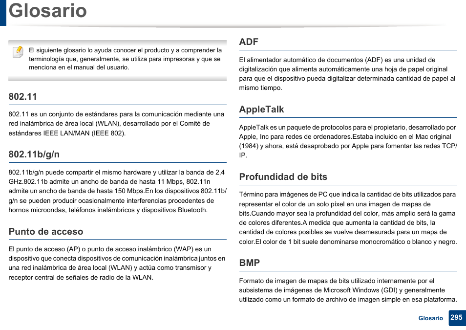 Glosario, 11b/g/n, Punto de acceso | Appletalk, Profundidad de bits | Dell B1165nfw Multifunction Mono Laser Printer User Manual | Page 295 / 311