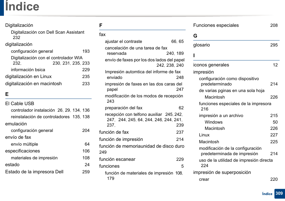 Índice | Dell B1165nfw Multifunction Mono Laser Printer User Manual | Page 309 / 311