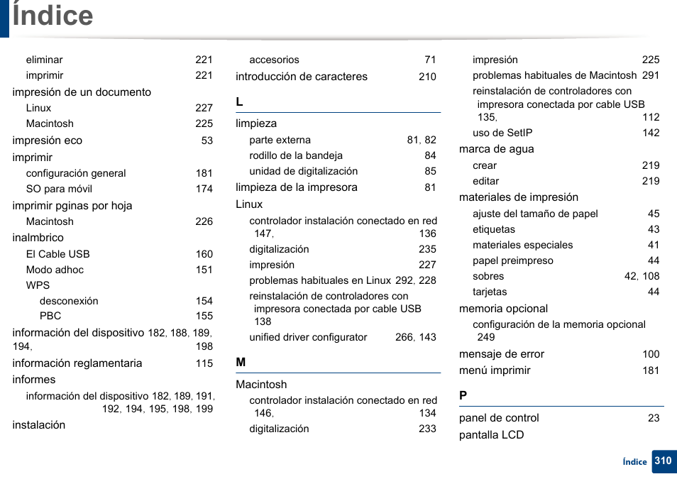 Índice | Dell B1165nfw Multifunction Mono Laser Printer User Manual | Page 310 / 311