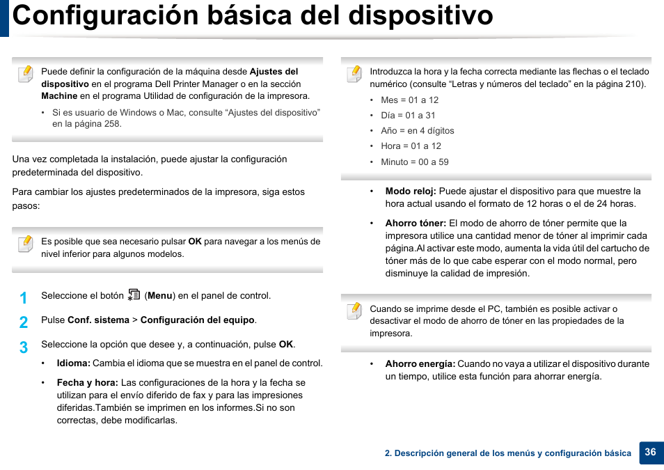 Configuración básica del dispositivo | Dell B1165nfw Multifunction Mono Laser Printer User Manual | Page 36 / 311