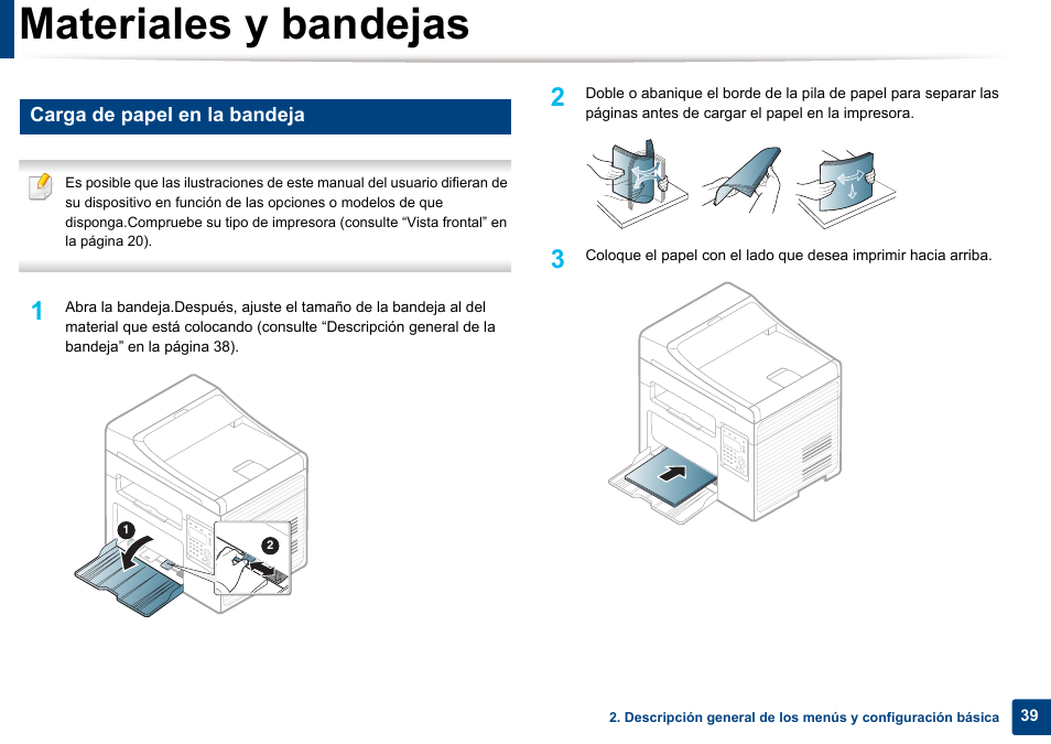 Materiales y bandejas, Carga de papel en la bandeja | Dell B1165nfw Multifunction Mono Laser Printer User Manual | Page 39 / 311