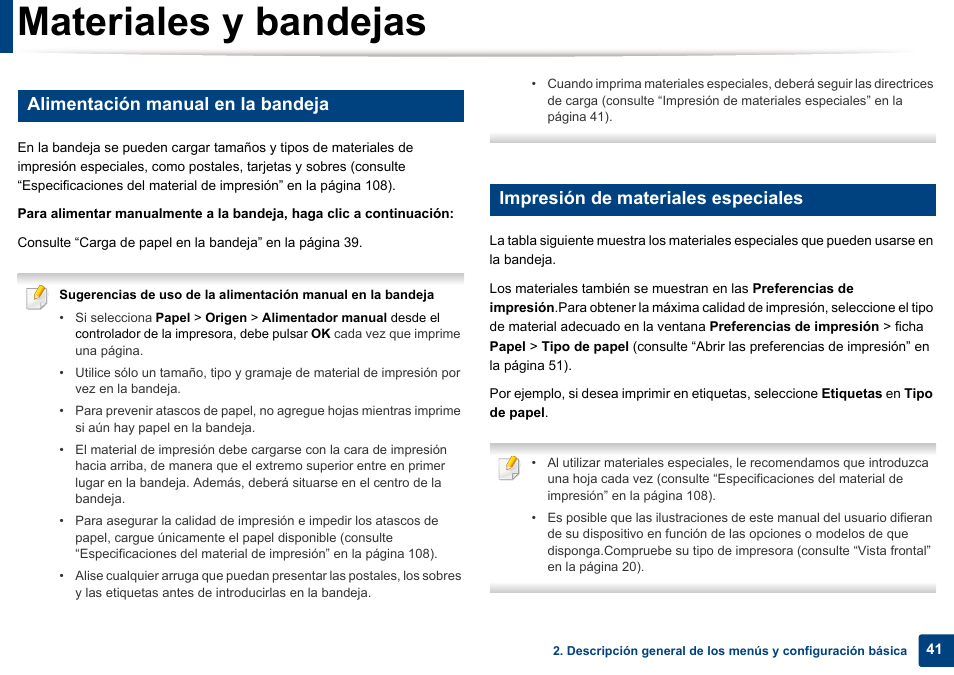 Materiales y bandejas, Alimentación manual en la bandeja, Impresión de materiales especiales | Dell B1165nfw Multifunction Mono Laser Printer User Manual | Page 41 / 311
