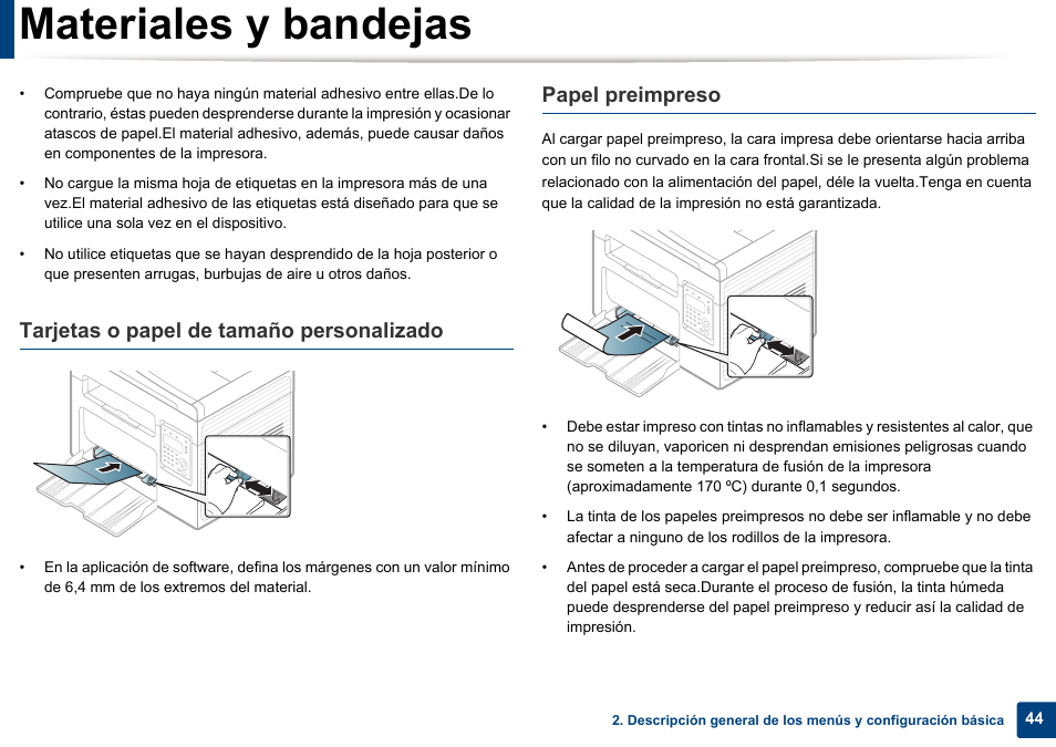 Materiales y bandejas, Tarjetas o papel de tamaño personalizado, Papel preimpreso | Dell B1165nfw Multifunction Mono Laser Printer User Manual | Page 44 / 311