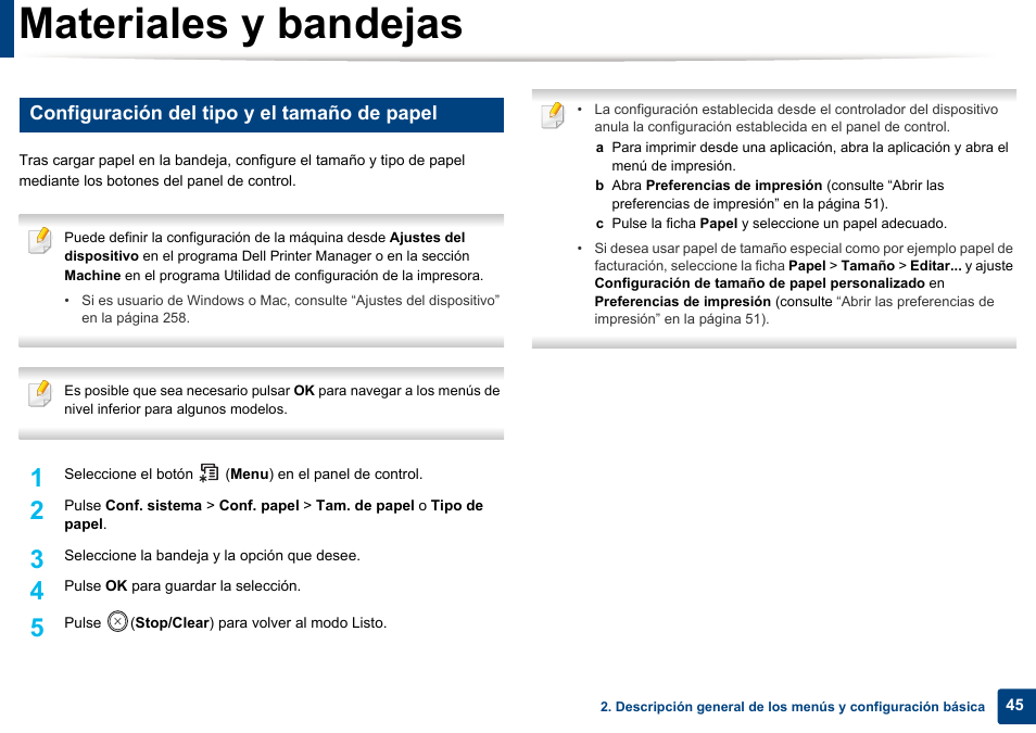 Materiales y bandejas, Configuración del tipo y el tamaño de papel | Dell B1165nfw Multifunction Mono Laser Printer User Manual | Page 45 / 311