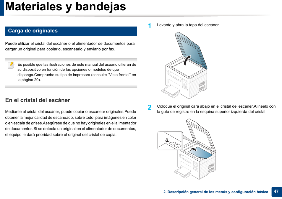 Materiales y bandejas, En el cristal del escáner, Carga de originales | Dell B1165nfw Multifunction Mono Laser Printer User Manual | Page 47 / 311