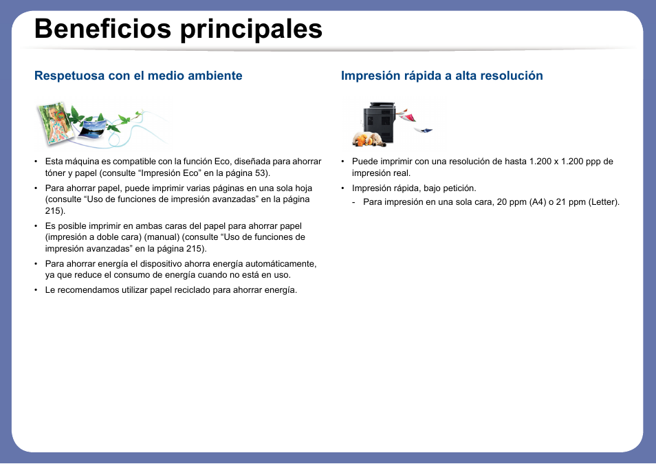 Beneficios principales, Respetuosa con el medio ambiente, Impresión rápida a alta resolución | Dell B1165nfw Multifunction Mono Laser Printer User Manual | Page 5 / 311