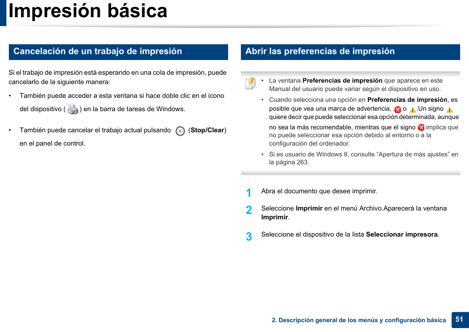 E “abrir las, Abrir las preferencias de, Impresión básica | Cancelación de un trabajo de impresión, Abrir las preferencias de impresión | Dell B1165nfw Multifunction Mono Laser Printer User Manual | Page 51 / 311