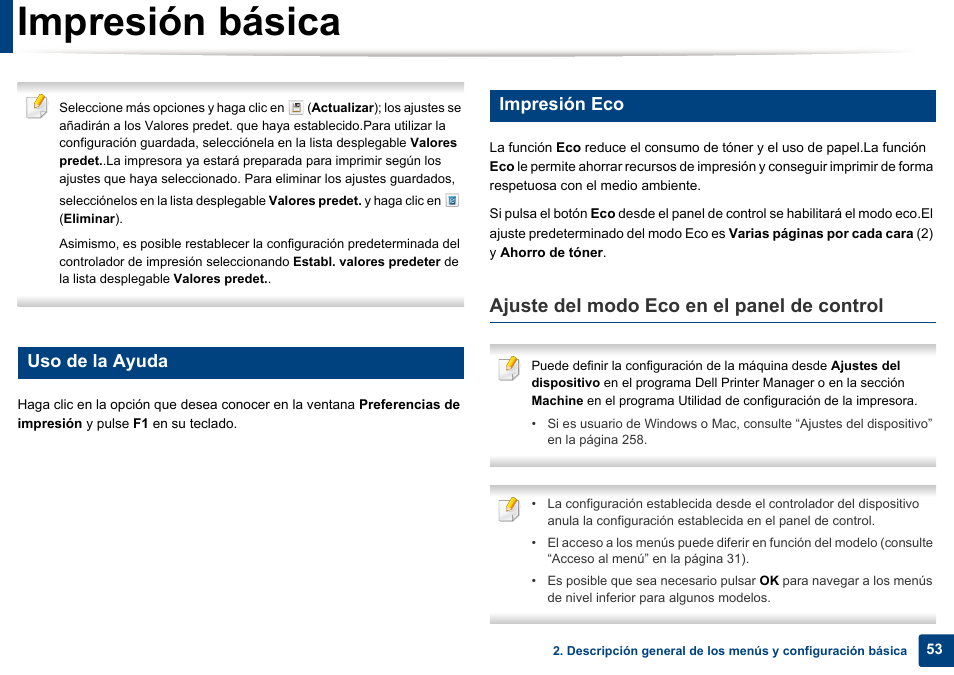 Impresión básica, Ajuste del modo eco en el panel de control, Uso de la ayuda | Impresión eco | Dell B1165nfw Multifunction Mono Laser Printer User Manual | Page 53 / 311