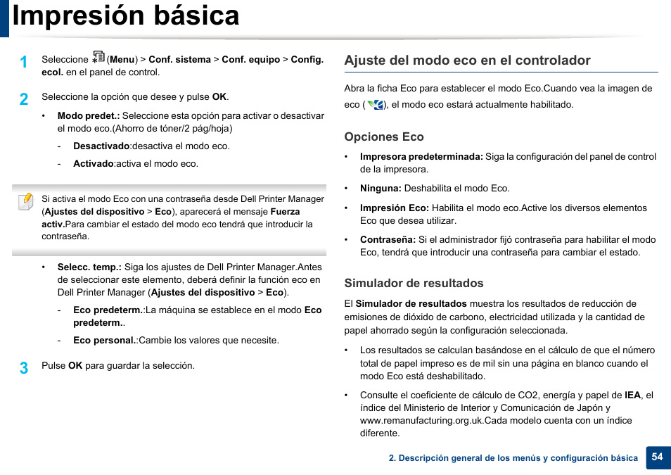 Impresión básica, Ajuste del modo eco en el controlador | Dell B1165nfw Multifunction Mono Laser Printer User Manual | Page 54 / 311