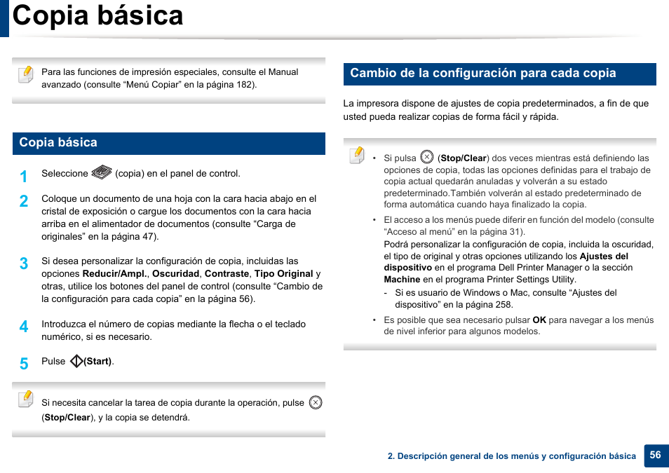 Copia básica, Cambio de la configuración para cada copia | Dell B1165nfw Multifunction Mono Laser Printer User Manual | Page 56 / 311