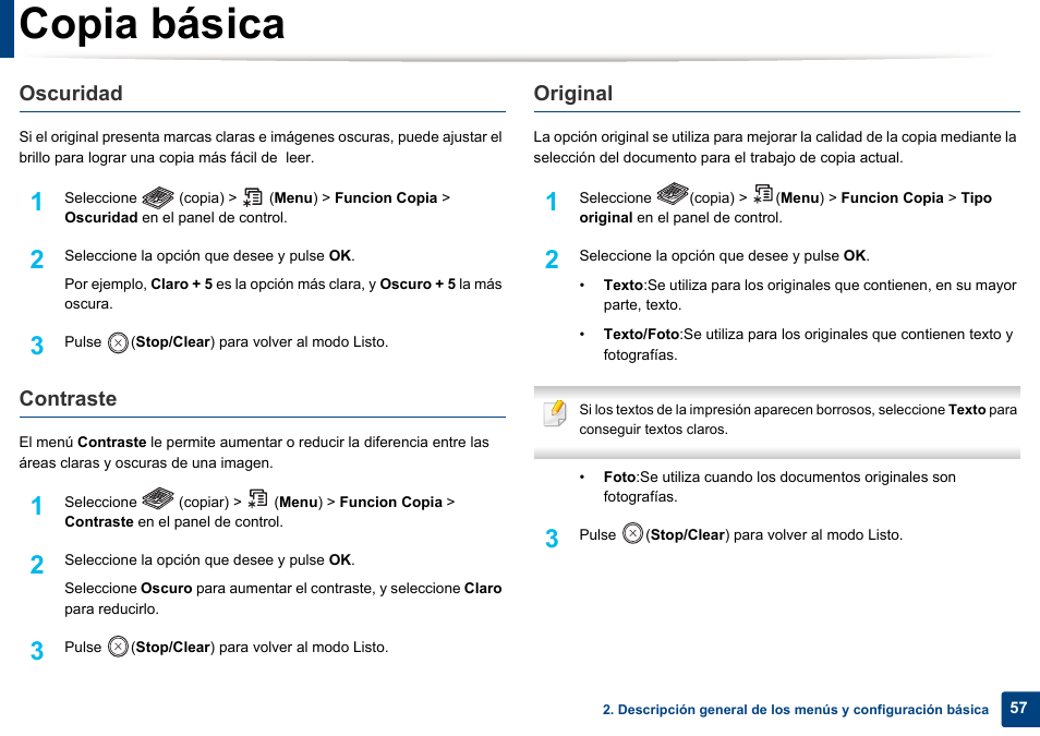 Copia básica, Oscuridad, Contraste | Original | Dell B1165nfw Multifunction Mono Laser Printer User Manual | Page 57 / 311