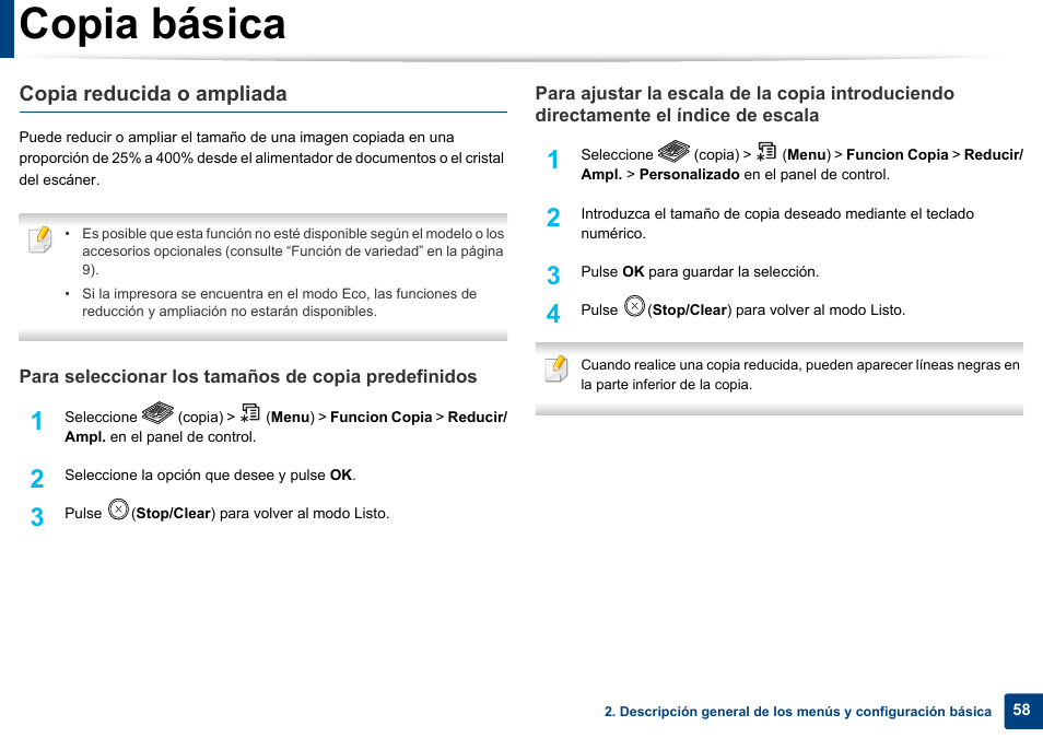 Copia básica, Copia reducida o ampliada | Dell B1165nfw Multifunction Mono Laser Printer User Manual | Page 58 / 311