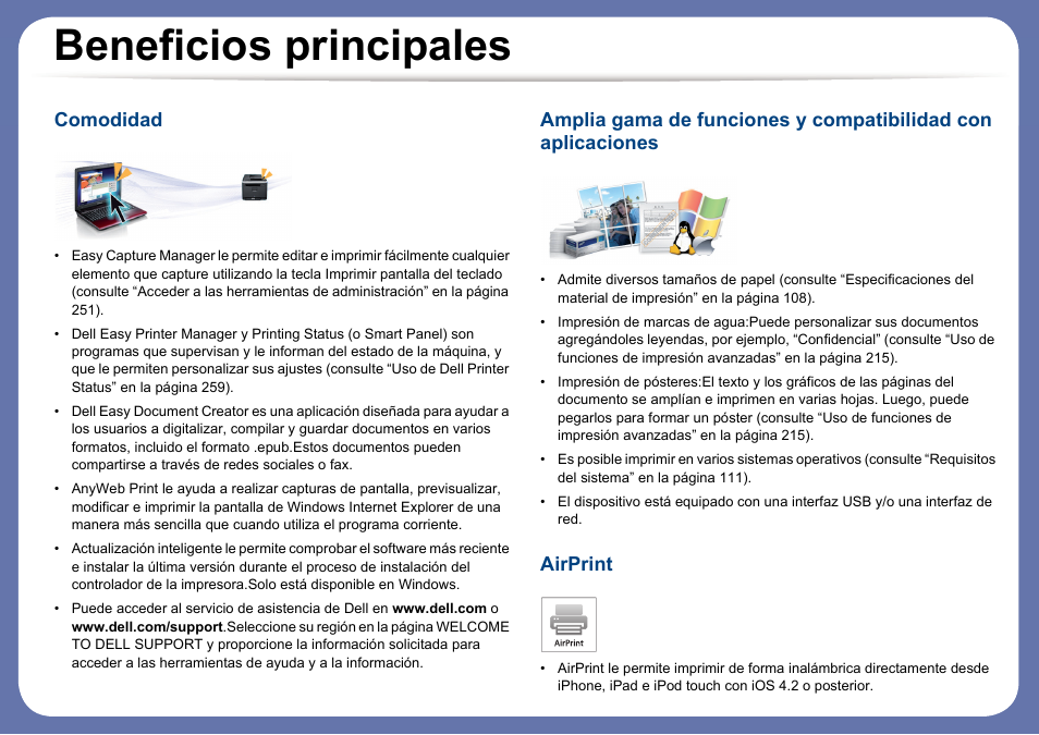 Beneficios principales, Comodidad, Airprint | Dell B1165nfw Multifunction Mono Laser Printer User Manual | Page 6 / 311