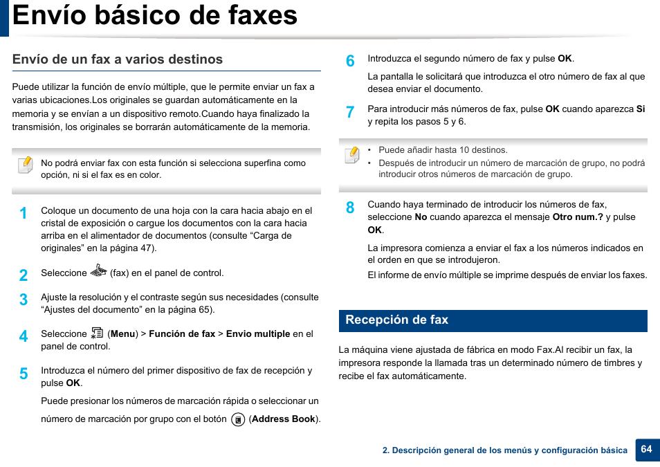 Envío básico de faxes, Envío de un fax a varios destinos, Recepción de fax | Dell B1165nfw Multifunction Mono Laser Printer User Manual | Page 64 / 311