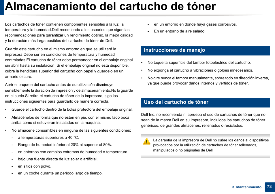 Almacenamiento del cartucho de tóner, Instrucciones de manejo, Uso del cartucho de tóner | Dell B1165nfw Multifunction Mono Laser Printer User Manual | Page 73 / 311