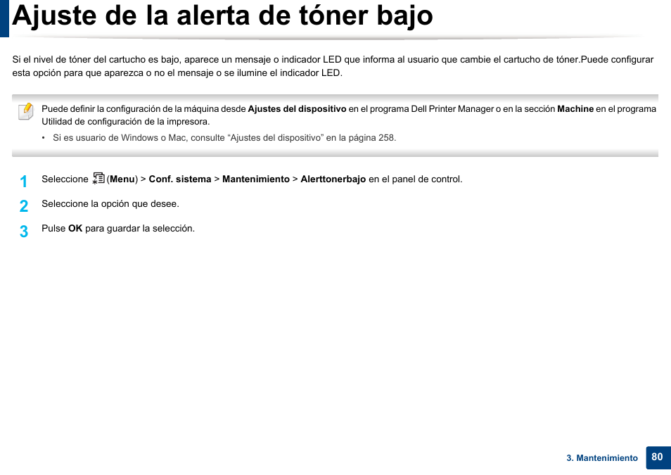 Ajuste de la alerta de tóner bajo | Dell B1165nfw Multifunction Mono Laser Printer User Manual | Page 80 / 311