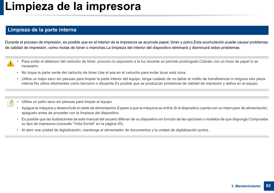 Limpieza de la impresora, Limpieza de la parte interna | Dell B1165nfw Multifunction Mono Laser Printer User Manual | Page 82 / 311