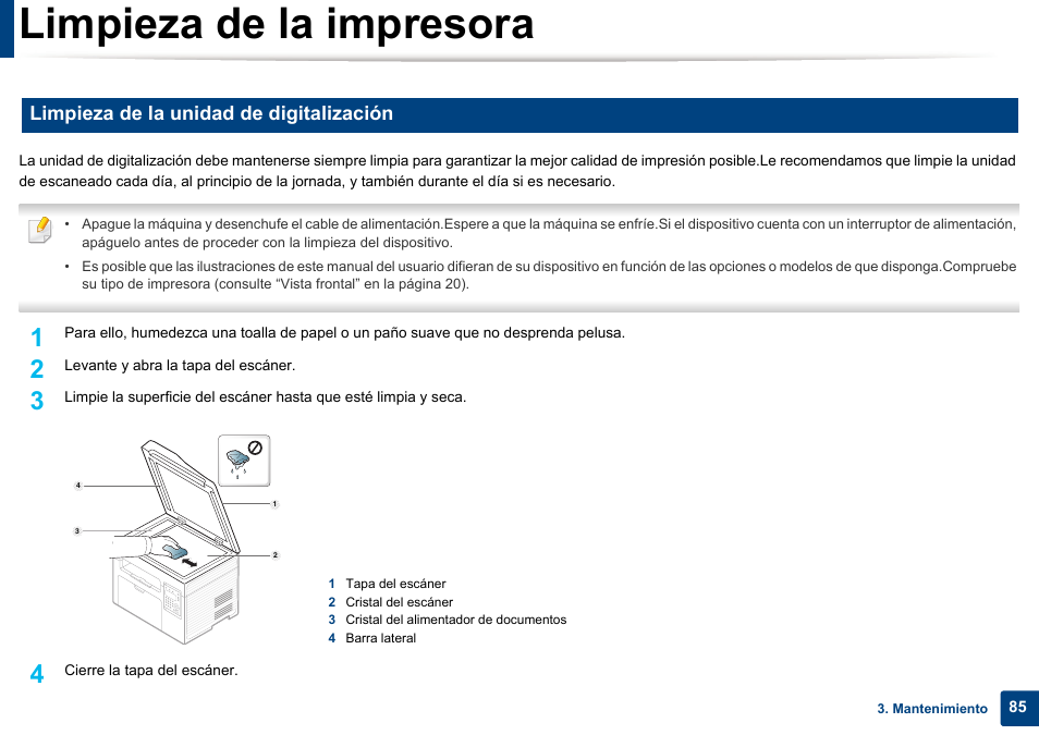 Limpieza de la impresora, Limpieza de la unidad de digitalización | Dell B1165nfw Multifunction Mono Laser Printer User Manual | Page 85 / 311