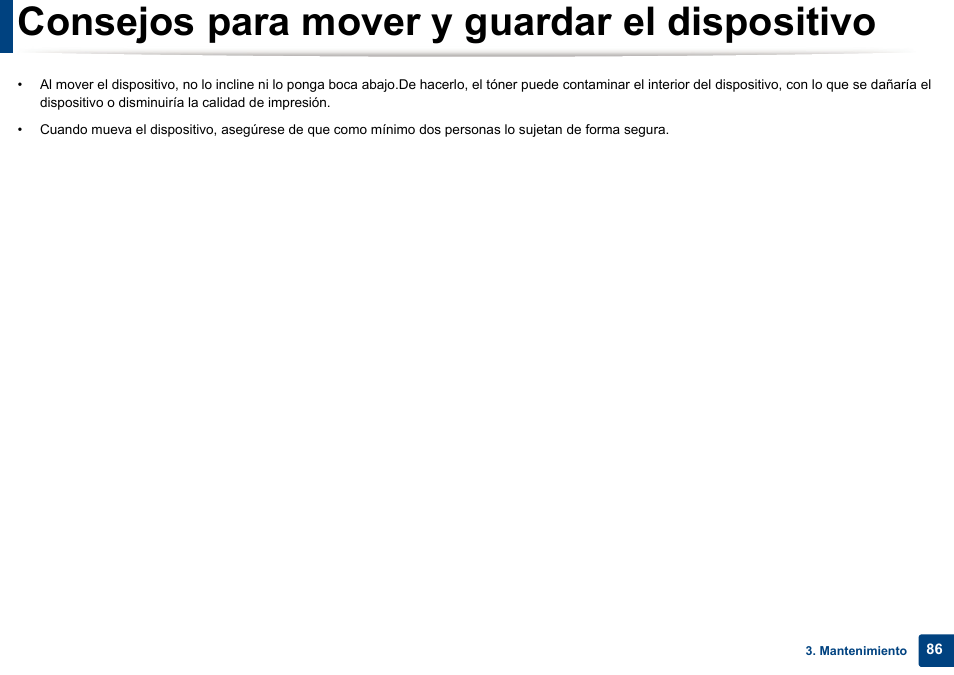 Consejos para mover y guardar el dispositivo | Dell B1165nfw Multifunction Mono Laser Printer User Manual | Page 86 / 311