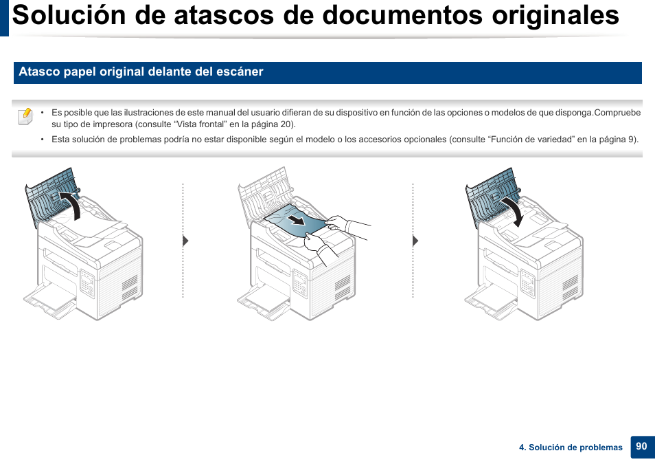 Solución de atascos de documentos originales, Atasco papel original delante del escáner | Dell B1165nfw Multifunction Mono Laser Printer User Manual | Page 90 / 311