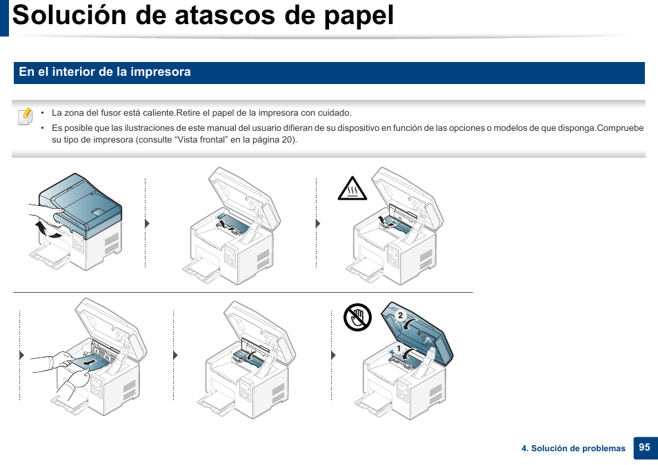 Solución de atascos de papel, En el interior de la impresora | Dell B1165nfw Multifunction Mono Laser Printer User Manual | Page 95 / 311