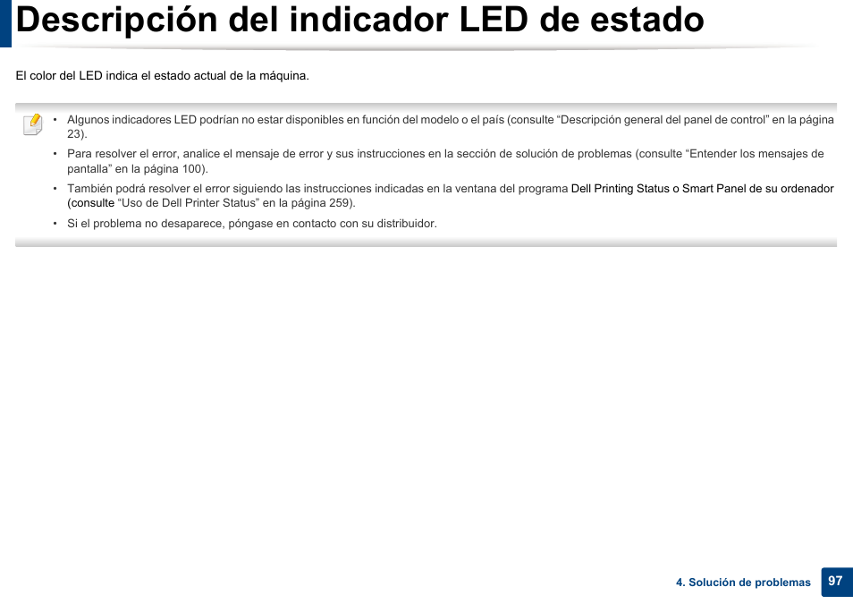 Descripción del indicador led de estado | Dell B1165nfw Multifunction Mono Laser Printer User Manual | Page 97 / 311