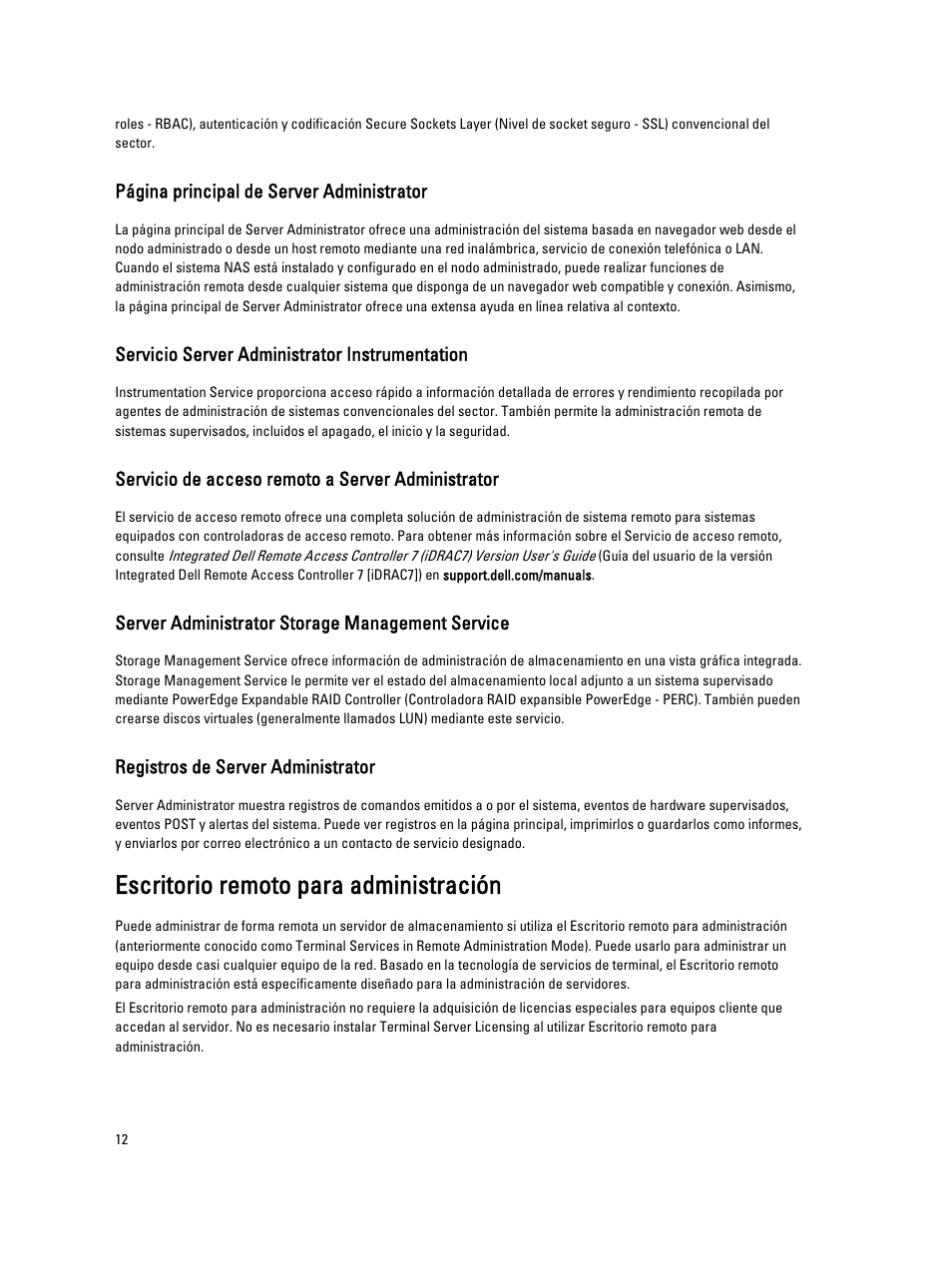 Servicio server administrator instrumentation, Servicio de acceso remoto a server administrator, Server administrator storage management service | Registros de server administrator, Escritorio remoto para administración | Dell PowerVault NX3200 User Manual | Page 12 / 31