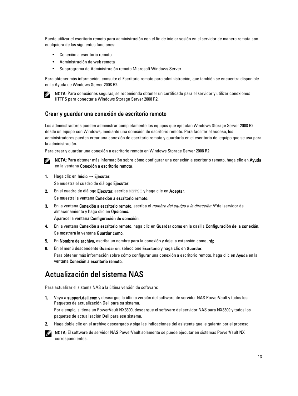 Crear y guardar una conexión de escritorio remoto, Actualización del sistema nas | Dell PowerVault NX3200 User Manual | Page 13 / 31