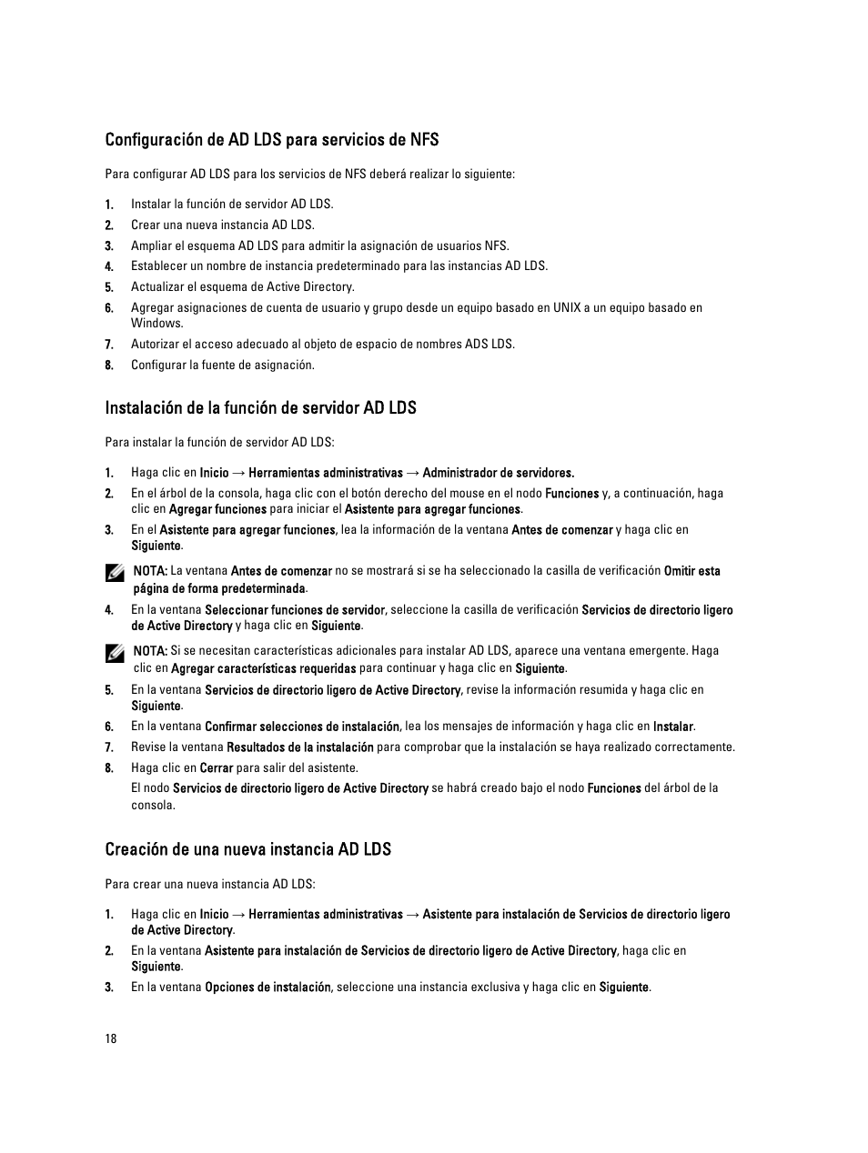 Configuración de ad lds para servicios de nfs, Instalación de la función de servidor ad lds, Creación de una nueva instancia ad lds | Dell PowerVault NX3200 User Manual | Page 18 / 31