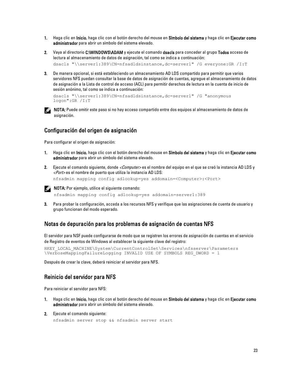 Configuración del origen de asignación, Reinicio del servidor para nfs | Dell PowerVault NX3200 User Manual | Page 23 / 31