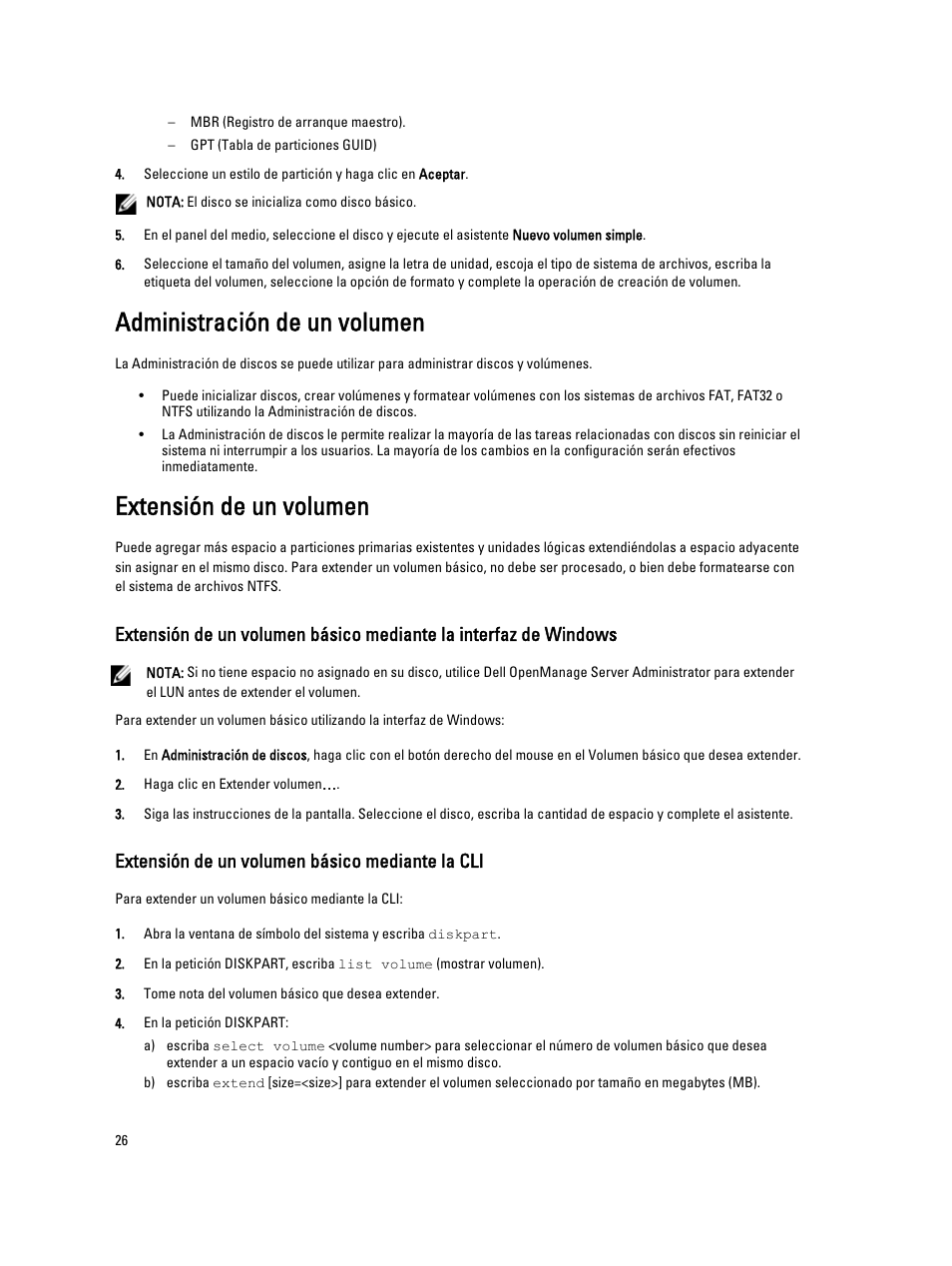 Administración de un volumen, Extensión de un volumen, Extensión de un volumen básico mediante la cli | Dell PowerVault NX3200 User Manual | Page 26 / 31