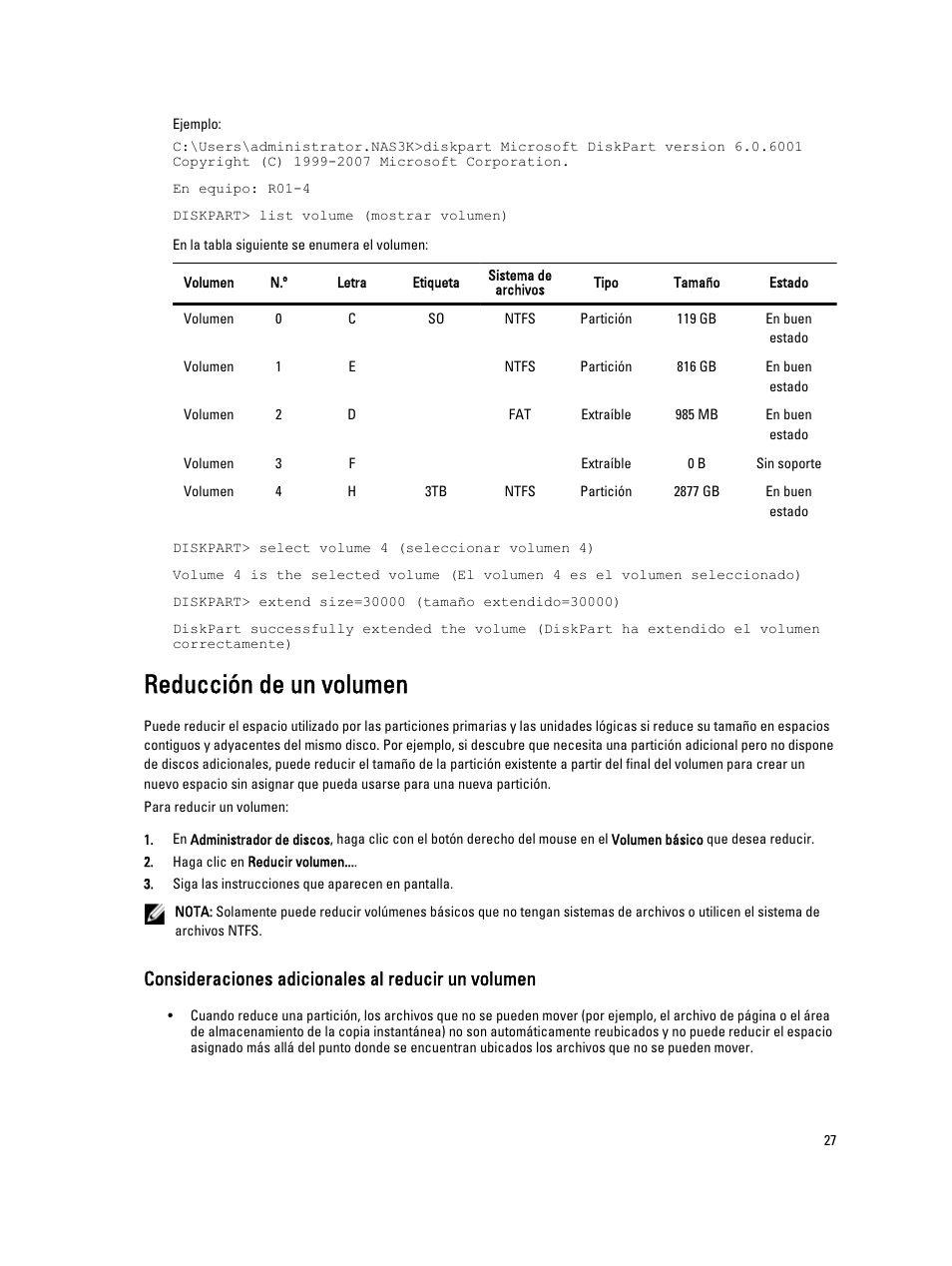 Reducción de un volumen, Consideraciones adicionales al reducir un volumen | Dell PowerVault NX3200 User Manual | Page 27 / 31