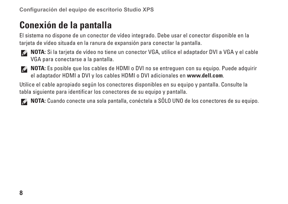 Conexión de la pantalla | Dell Studio XPS 9100 (Mid 2010) User Manual | Page 10 / 80