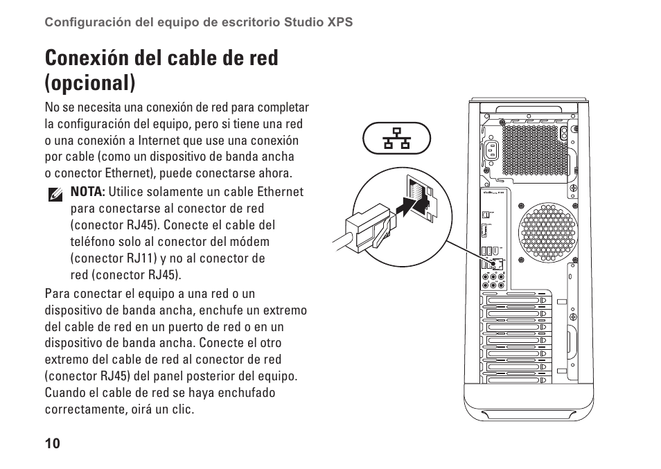 Conexión del cable de red (opcional) | Dell Studio XPS 9100 (Mid 2010) User Manual | Page 12 / 80