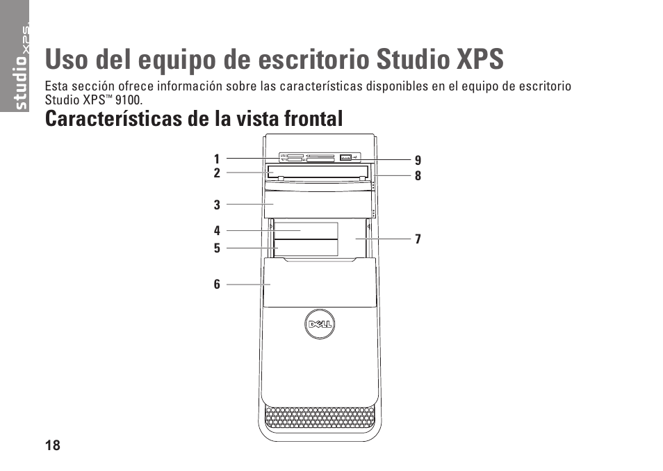 Uso del equipo de escritorio studio xps, Características de la vista frontal, Uso del equipo de escritorio | Studio xps | Dell Studio XPS 9100 (Mid 2010) User Manual | Page 20 / 80