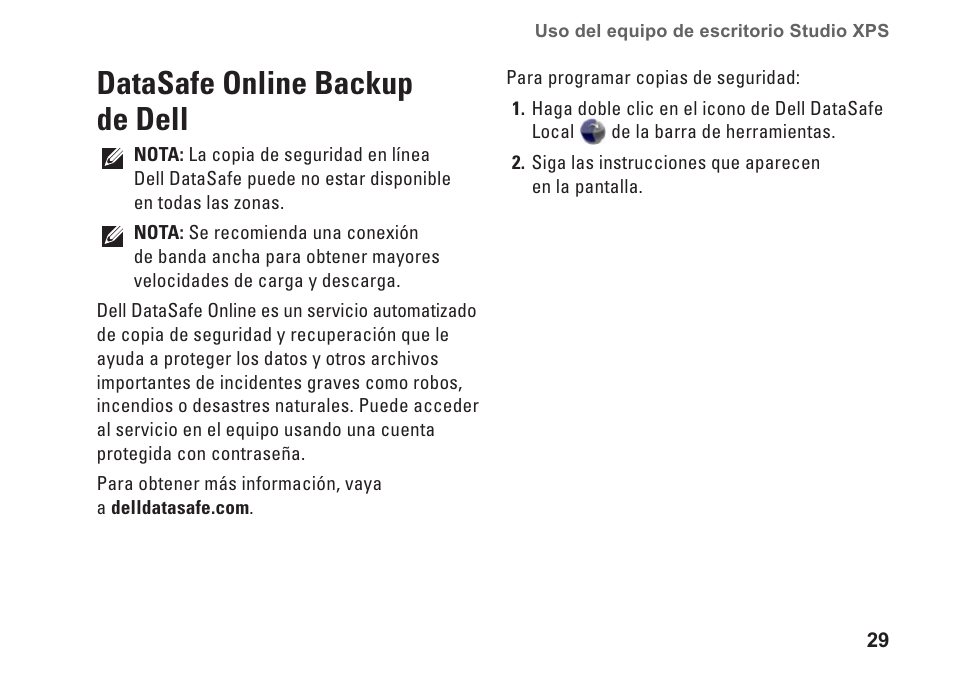 Datasafe online backup de dell | Dell Studio XPS 9100 (Mid 2010) User Manual | Page 31 / 80