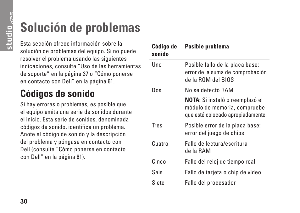Solución de problemas, Códigos de sonido | Dell Studio XPS 9100 (Mid 2010) User Manual | Page 32 / 80
