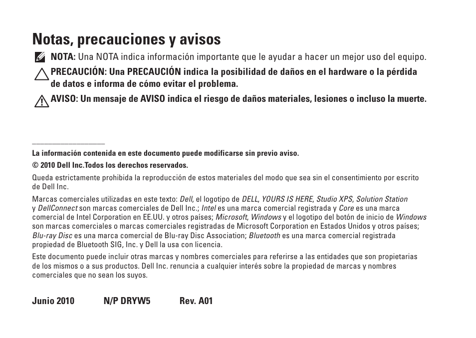 Notas, precauciones y avisos | Dell Studio XPS 9100 (Mid 2010) User Manual | Page 4 / 80