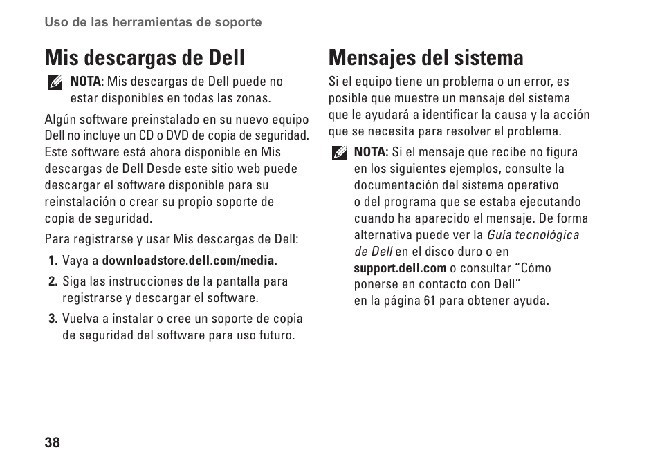 Mis descargas de dell, Mensajes del sistema, Mis descargas de dell mensajes del sistema | Dell Studio XPS 9100 (Mid 2010) User Manual | Page 40 / 80